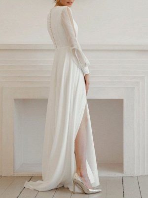 Robe de mariée simple blanche avec train une ligne col en V manches longues fendue devant en mousseline de soie robes de mariée_2