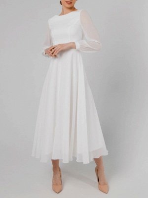 Weißes A-Linie Einfaches Hochzeitskleid Jewel Neck Lange Ärmel Knöchellanger Reißverschluss Chiffon Brautkleider_5