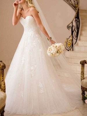 Robe de mariée simple blanche A-ligne sans bretelles sans manches dos nu longues robes de mariée en dentelle_2