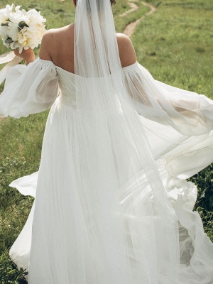 White Simple Wedding Dress With Train A-Line Bateau Neck Long Sleeves Backless Zipper Chiffon Bridal Dresses_7