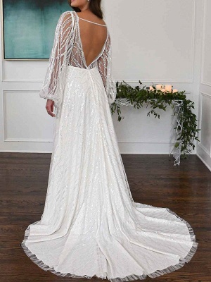 Weißes einfaches Hochzeitskleid A-Linie V-Ausschnitt mit langen Ärmeln rückenfrei Split Front Lace Brautkleider_2