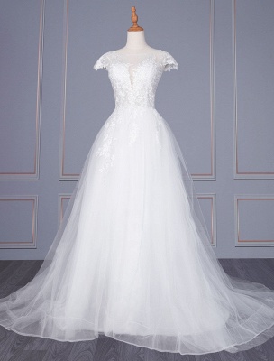 Ivory A-line Wedding Dresses With Train Short Sleeves Lace Tulle V-Neck Long Bridal Gowns_1