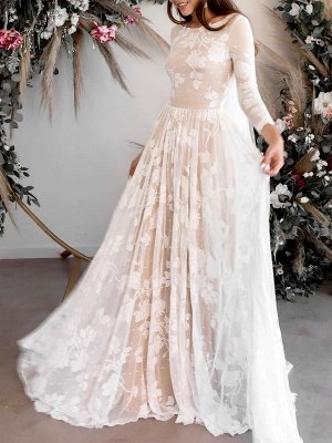 Ivory Simple Wedding Dress With Train Polyester Jewel Neck Long Sleeves Lace A-Line Bridal Dresses_1