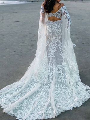 White Simple Wedding Dress With Train Polyester V Neck Long Sleeves Lace Mermaid Bridal Gowns_4