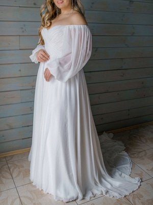 Robe de mariée blanche simple avec train A-ligne col bateau manches longues dos nu fermeture éclair en mousseline de soie robes de mariée_2