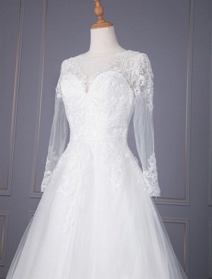 Una línea de cuello en V blanco simple vestido de novia de manga larga de encaje Tull vestidos de novia_4