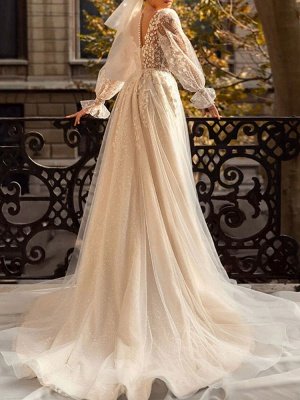 White Simple Wedding Dress With Train A-Line V-Neck Natural Waist Long Sleeves Lace Bridal Dresses_2