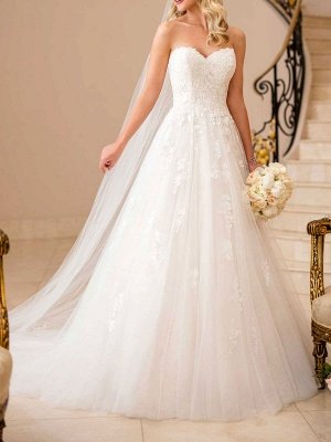 White Simple Wedding Dress A-Line Strapless Sleeveless Backless Long Lace Bridal Dresses_1