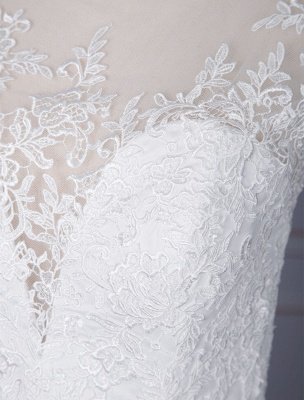 Weißes einfaches Hochzeitskleid Mantel Illusion Ausschnitt ärmellose natürliche Taille Spitze Brautkleider_5