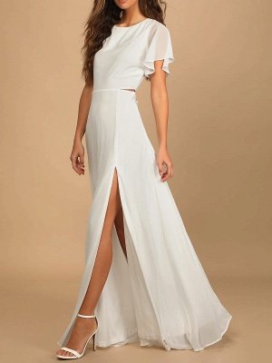 White Jewel Neck Engagement Dress Short Sleeves Natural Waist Floor Length Wedding Party Dress with Split_3
