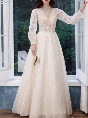 Champagne Evening Dress A-Line Jewel Neck Long Sleeve Lace Sequined Floor-Length Formal Party Dresses_2