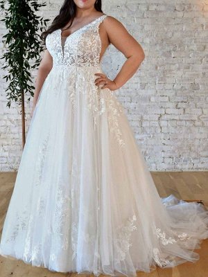 Einfaches Aline weißes Brautkleid mit V-Ausschnitt ärmellose rückenfreie Spitze Brautkleider_1