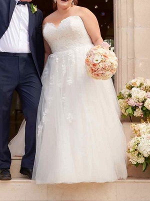 Robe de mariée simple blanche A-ligne sans bretelles sans manches dos nu longues robes de mariée en dentelle_6