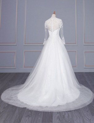 Una línea de cuello en V blanco simple vestido de novia de manga larga de encaje Tull vestidos de novia_3
