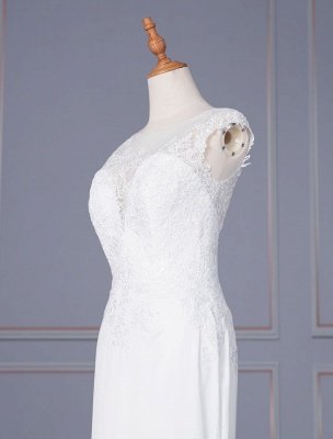 Weißes einfaches Hochzeitskleid Mantel Illusion Ausschnitt ärmellose natürliche Taille Spitze Brautkleider_4
