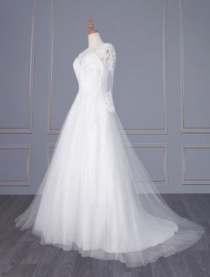 Una línea de cuello en V blanco simple vestido de novia de manga larga de encaje Tull vestidos de novia_2