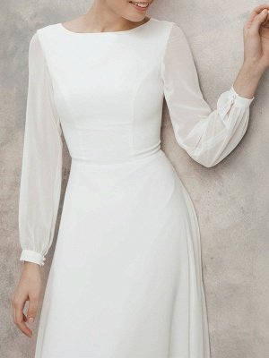Weißes A-Linie Einfaches Hochzeitskleid Jewel Neck Lange Ärmel Knöchellanger Reißverschluss Chiffon Brautkleider_7