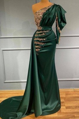 Atemberaubendes One-Shoulder-Meerjungfrau-Abendkleid mit goldenen Perlen_1