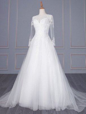 Una línea de cuello en V blanco simple vestido de novia de manga larga de encaje Tull vestidos de novia_1
