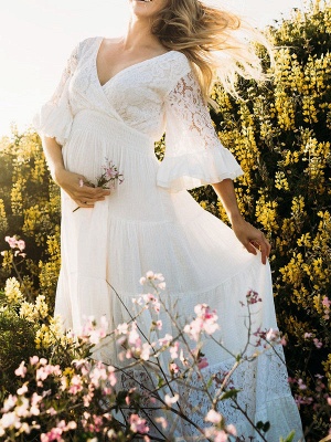 Vestido de novia bohemio blanco con cuello en V Manga 3/4 de longitud Cintura natural Encaje Una línea Hasta el suelo Vestidos de novia nupciales_1