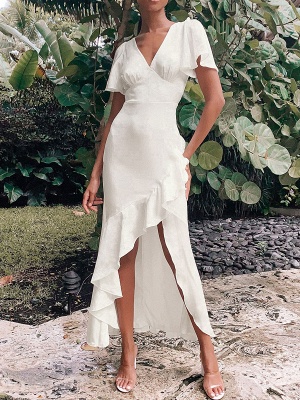 Bescheidenes weißes Brautkleid mit V-Ausschnitt Kurze Ärmel Knöchellänge A-Linie Verlobungskleid aus Spitze_1