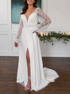 Robe de mariée simple blanche A-ligne col en V manches longues dos nu fendu devant dentelle robes de mariée_1