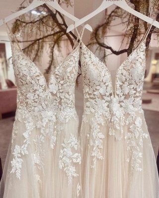 Vestidos de novia de encaje de tul con estilo Correas espaguetis con apliques florales_4