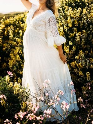 White Boho Wedding Dress V-neck 3/4-Length Sleeve Natural Waist Lace A-Line Floor Length Bridal Wedding Gowns_2
