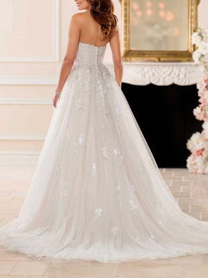 Robe de mariée simple blanche A-ligne sans bretelles sans manches dos nu longues robes de mariée en dentelle_4