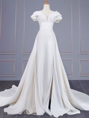 Ivory Simple Wedding Dress Satin Fabric V-Neck Short Sleeves Backless A-Line Long Bridal Dresses_1