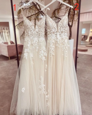 Robes de mariée élégantes en dentelle de tulle bretelles spaghetti avec appliques florales_1