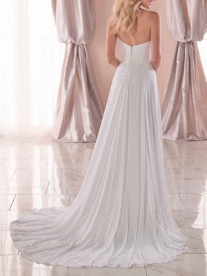 Weißes einfaches Brautkleid aus Polyester trägerlos ärmellos rückenfrei Spitze A-Linie lange Brautkleider_2