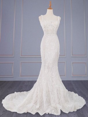 Ivory Wedding Dresses With Train Sleeveless Backless Lace Square Neck Long Bridal Gowns_1