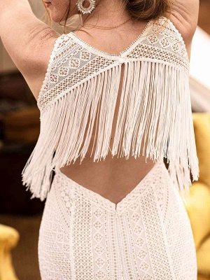 Weißes einfaches Brautkleid mit Zug Meerjungfrau V-Ausschnitt mit kurzen Ärmeln rückenfreie lange Spitze Brautkleider_5