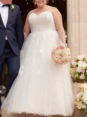 Robe de mariée simple blanche A-ligne sans bretelles sans manches dos nu longues robes de mariée en dentelle_5