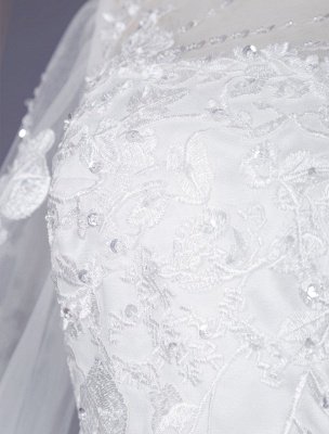 Weißes einfaches Hochzeitskleid Jewel Neck Long Sleeves Lace Tüll Lange A-Linie Brautkleider_4