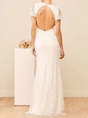 White Engagement Dress V Neck Short Sleeves Backless Natural Waist Floor Length Lace Engagement Dress_3