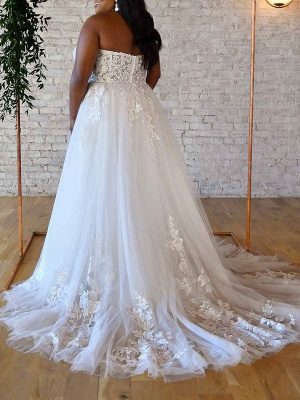 Simple White A-Line Wedding Dress Strapless Sleeveless Backless Lace Bridal Gowns_2