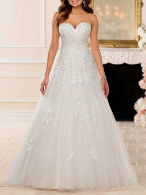 Robe de mariée simple blanche A-ligne sans bretelles sans manches dos nu longues robes de mariée en dentelle_3