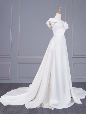 Ivory Simple Wedding Dress Satin Fabric V-Neck Short Sleeves Backless A-Line Long Bridal Dresses_2