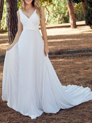 Robe de mariée blanche simple dentelle col en V manches longues dentelle A-ligne dentelle robes de mariée en mousseline de soie_1