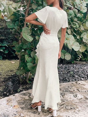 Bescheidenes weißes Brautkleid mit V-Ausschnitt Kurze Ärmel Knöchellänge A-Linie Verlobungskleid aus Spitze_4