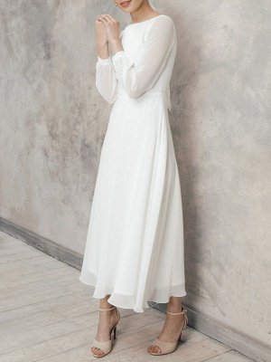 Weißes A-Linie Einfaches Hochzeitskleid Jewel Neck Lange Ärmel Knöchellanger Reißverschluss Chiffon Brautkleider_1