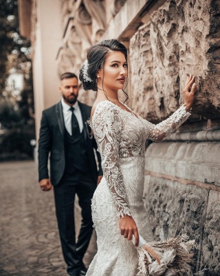 Vestido de novia de sirena de manga larga blanca romántica Vestido de novia de tul de encaje floral suave_6