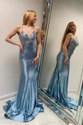 Shinny Deep V-Neck Prom Dress Sleeveless Slim Mermaid Party Gown_1