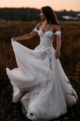 Sweetheart Floral Lace Wedding Dress Off-the-Shoulder Tulle Bridal Dress_1