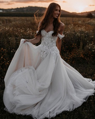 Sweetheart Floral Lace Wedding Dress Off-the-Shoulder Tulle Bridal Dress_3