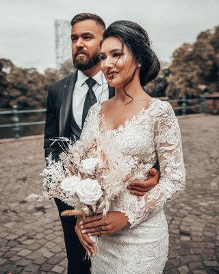 Robe de mariée sirène blanche romantique à manches longues Robe de mariée en dentelle florale douce en tulle_4