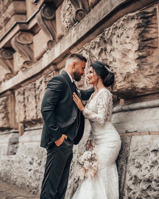 Romantic White Long Sleeves Mermaid Bridal Gown Soft Floral Lace Tulle Wedding Dress_7