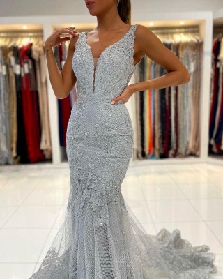 Charming Sleeveless Floral Lace Mermaid Prom Dress_5